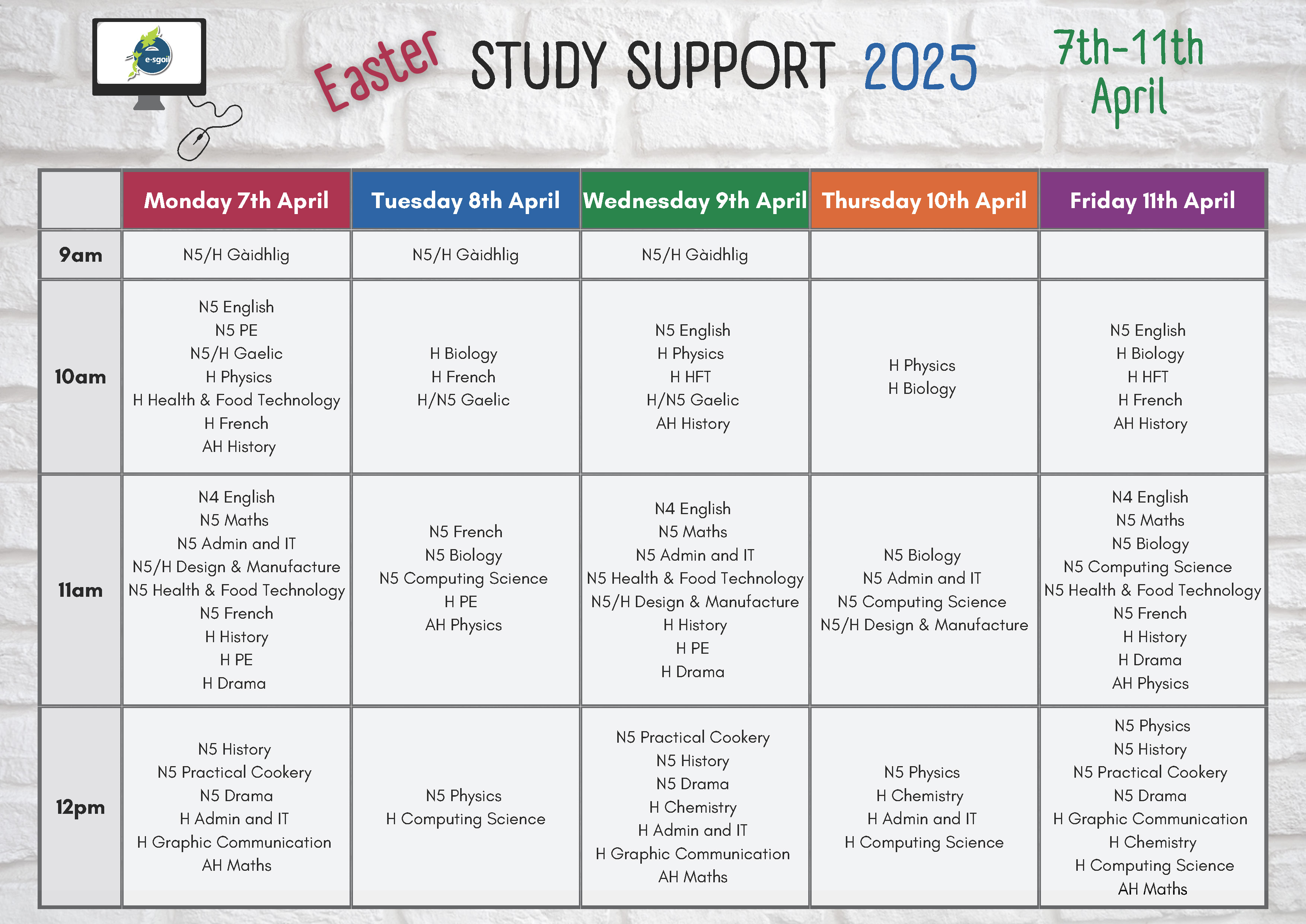 e-Sgoil Study Support Timetable